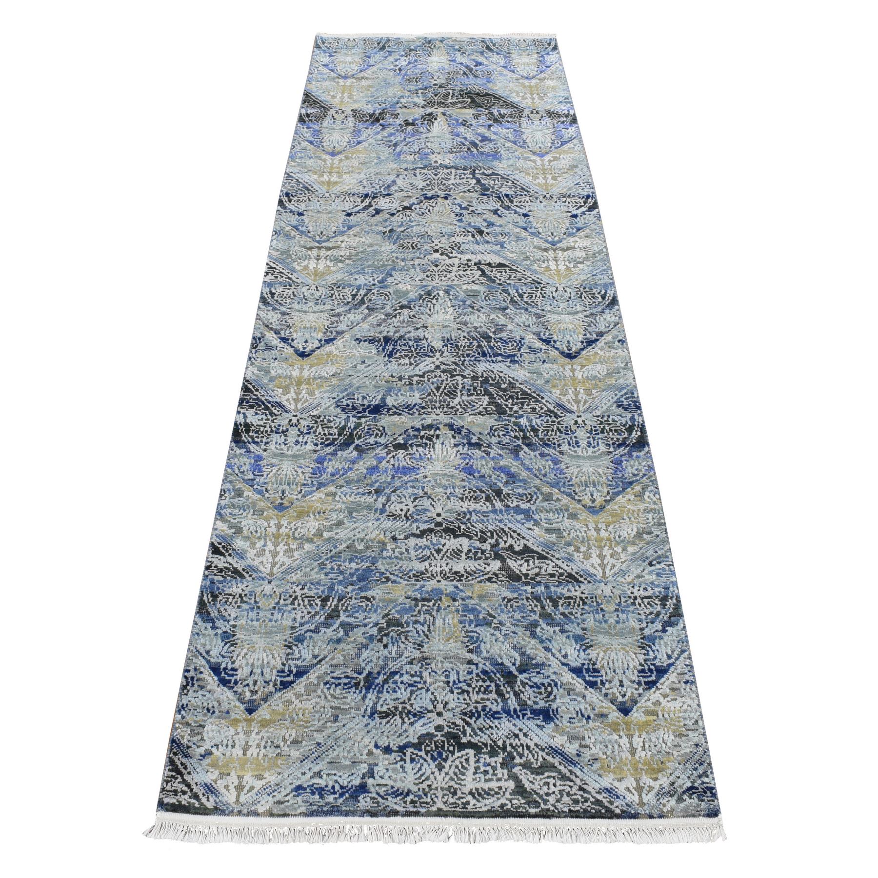 2'7"x8'3" Steel Blue, Broken and Erased Art and Crafts, Silk with Textured Wool, Hand Knotted, Runner Oriental Rug 